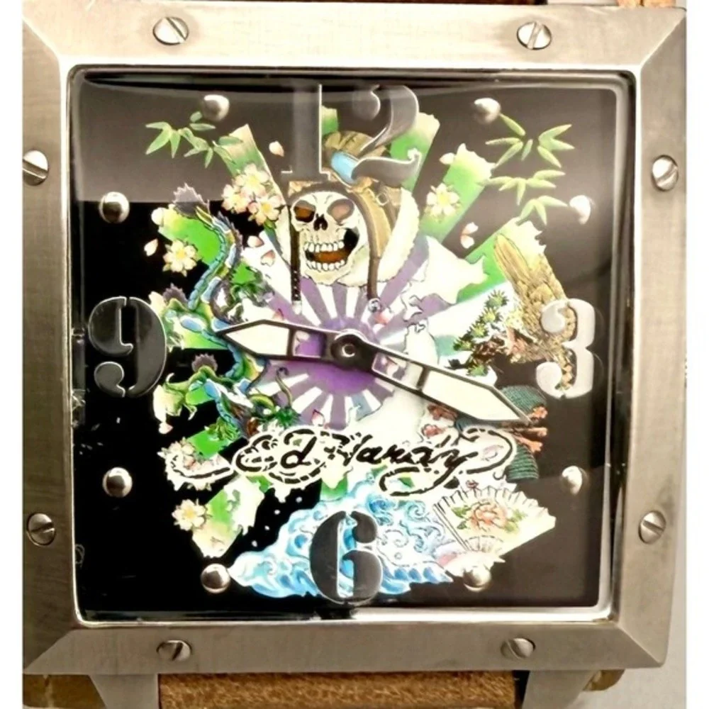 Ed Hardy Christian Audigier WA-JP0452 Skull 45mm Watch‎ Leather Runs Quartz